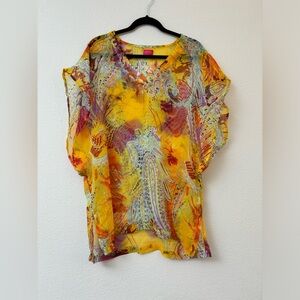 Jafra sheer watercolor print tunic top, yellow, artsy print colorful
